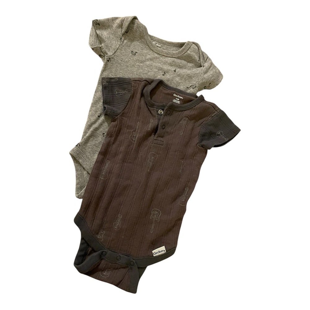 2/$5 2pcs Gerber 3-6m Guitar Music Gray and Brown Baby Bodysuit Duo
